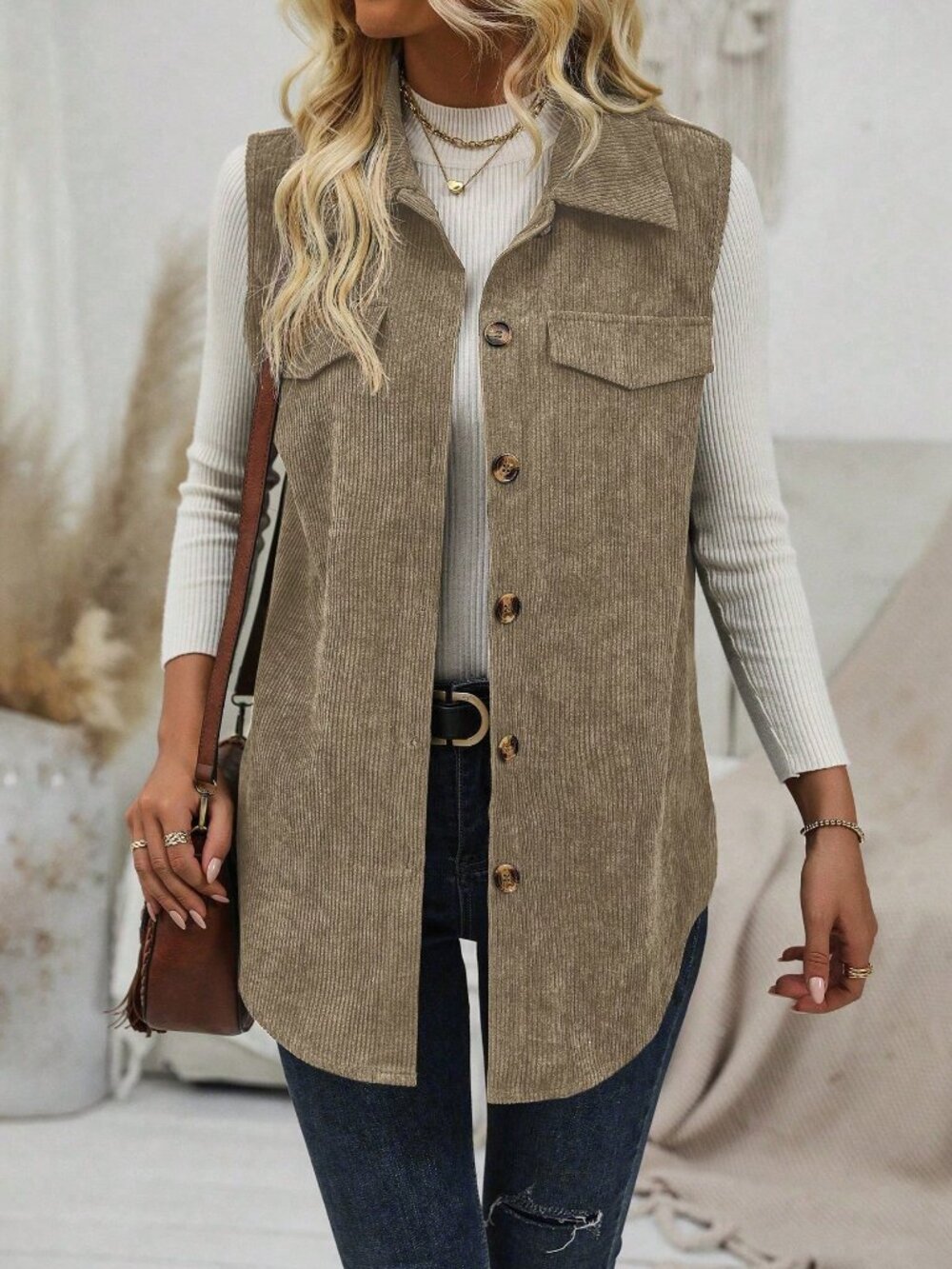 Brown Casual Women's Button Front Sleeveless Jacket